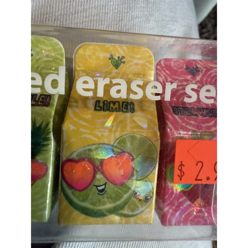 Justice New Fruit Scented Erasers Four Fun Fruit Flavors lemon orange pineapple